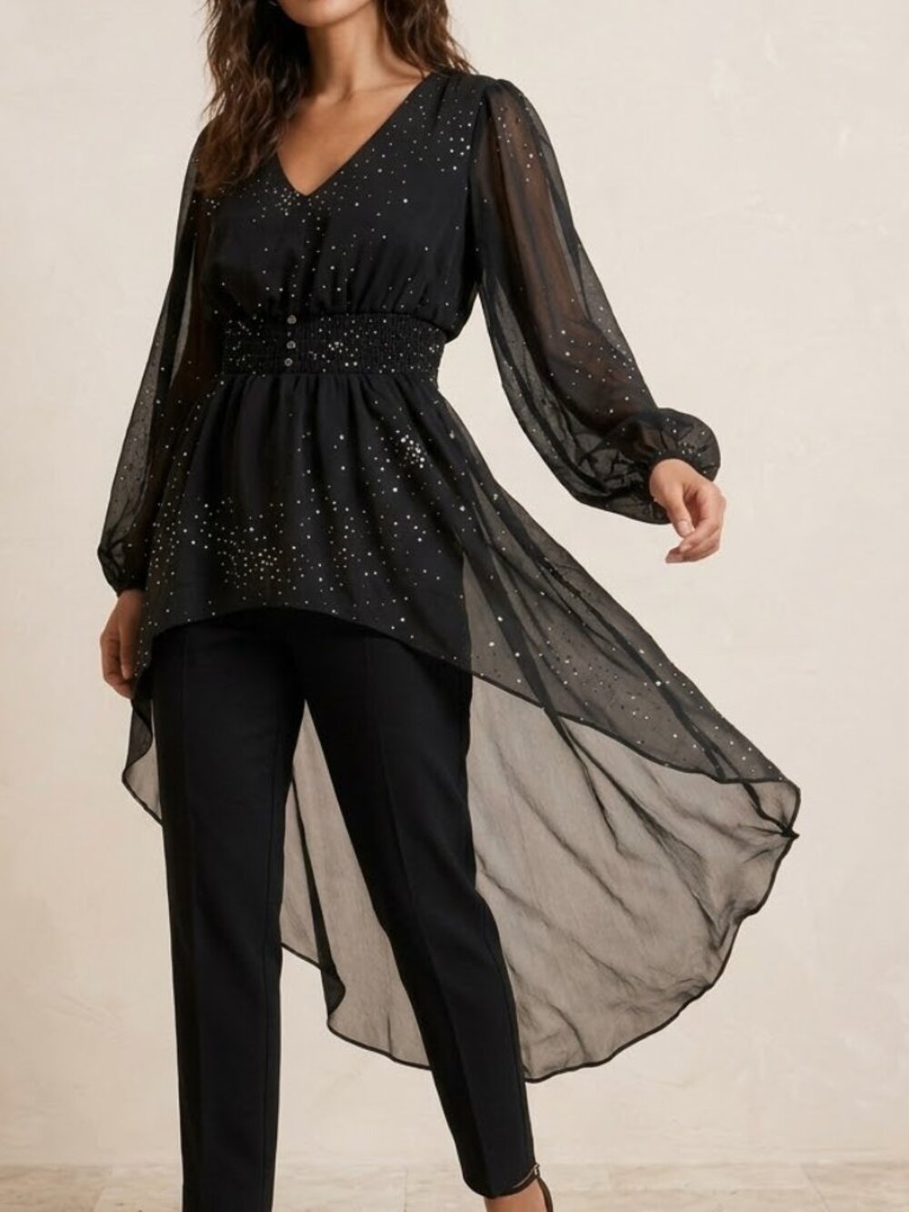 NY & Co Women's Black Sheer Metallic Dot Top High Low Small Y2K Goth Witchy Glam